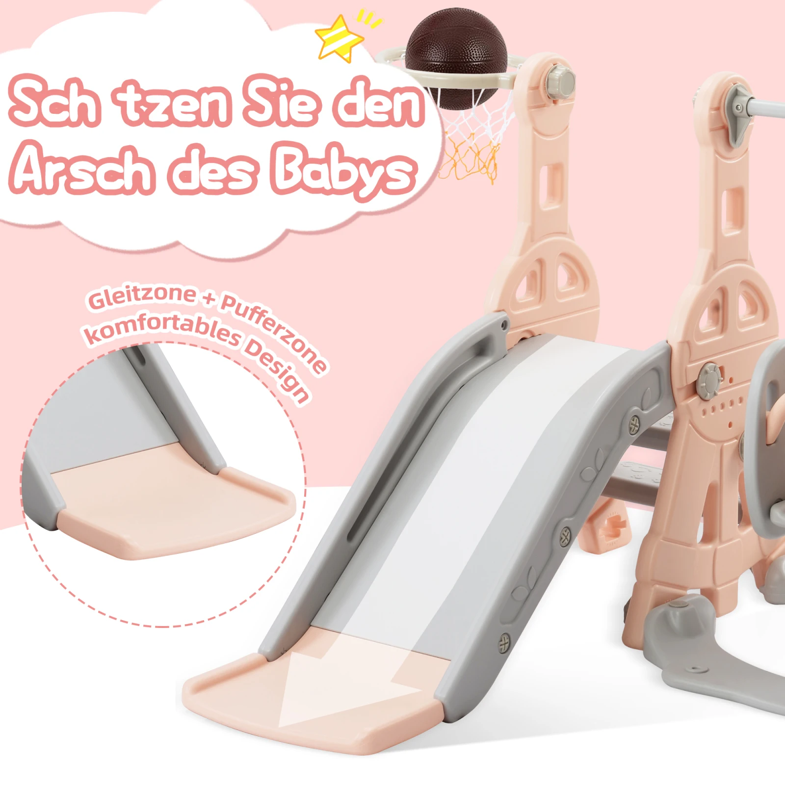 Scivolo per bambini, altalena scorrevole per bambini 4 In 1 con st da basket, scala da arrampicata, scivolo da giardino con scivolo a battente per