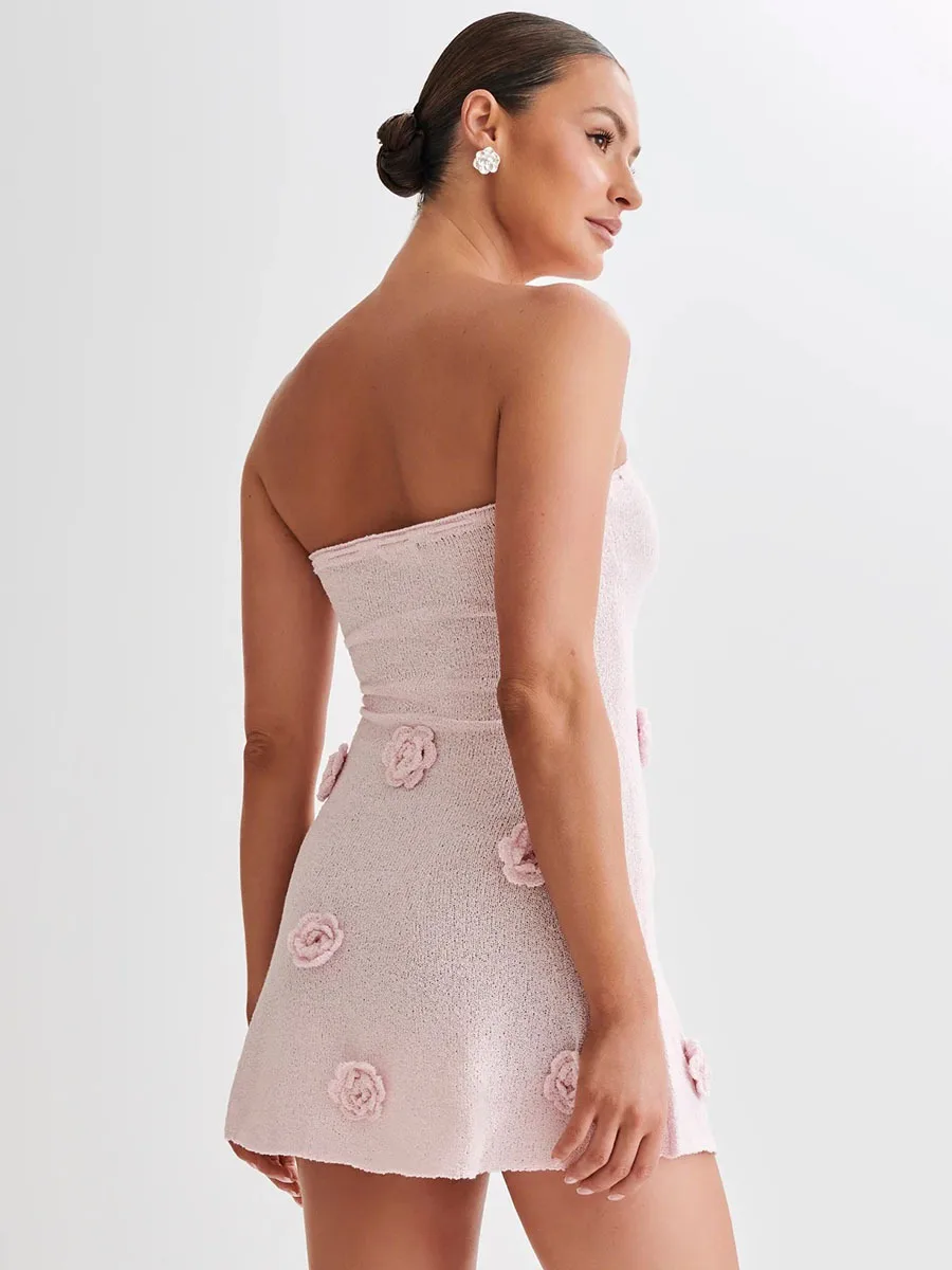 Elegant Pink Strapless Mini Dress Sexy Women 3d Flower Lace Up Backless Tight Short Dresses Evening Party Resort 2025 Summer New