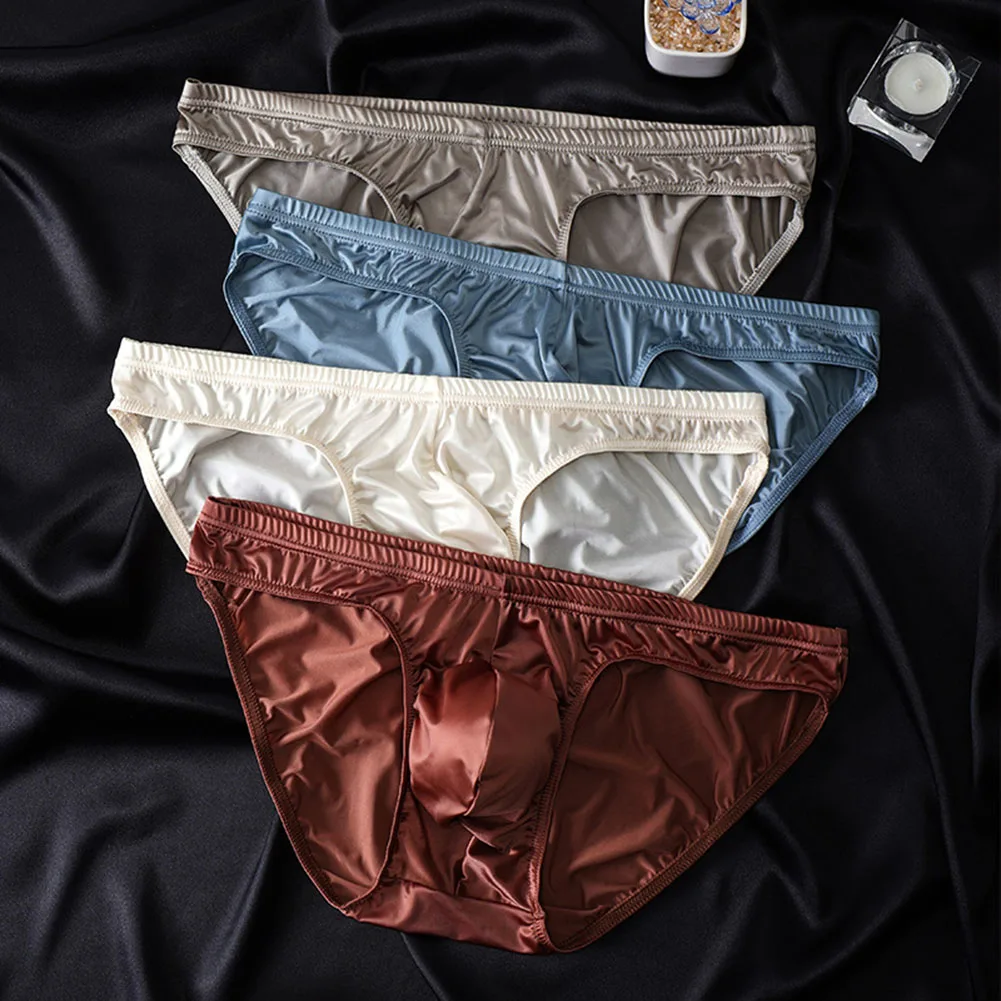 1pc Mens Briefs Ice Silk Satin-like Summer Men's Underwear Bulge Pouch Smooth Cool Solid Men's Underpants Breathable Panties