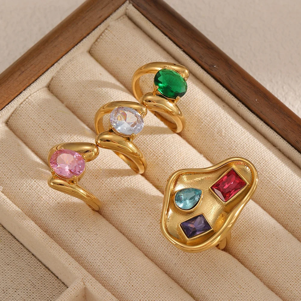 

3/5pcs Fashion Stainless Steel Rainbow Gemstone Ring Irregular/Curved Emerald/Tourmaline Finger Band 2025 Ins Inflencer Jewelry