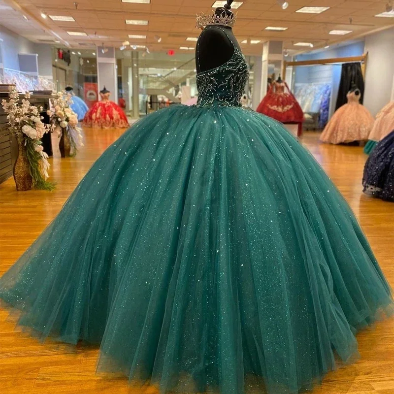 Vestido De baile verde oscuro con tirantes finos, quinceañera, lentejuelas brillantes, cristal, 15 Años, fiesta Formal