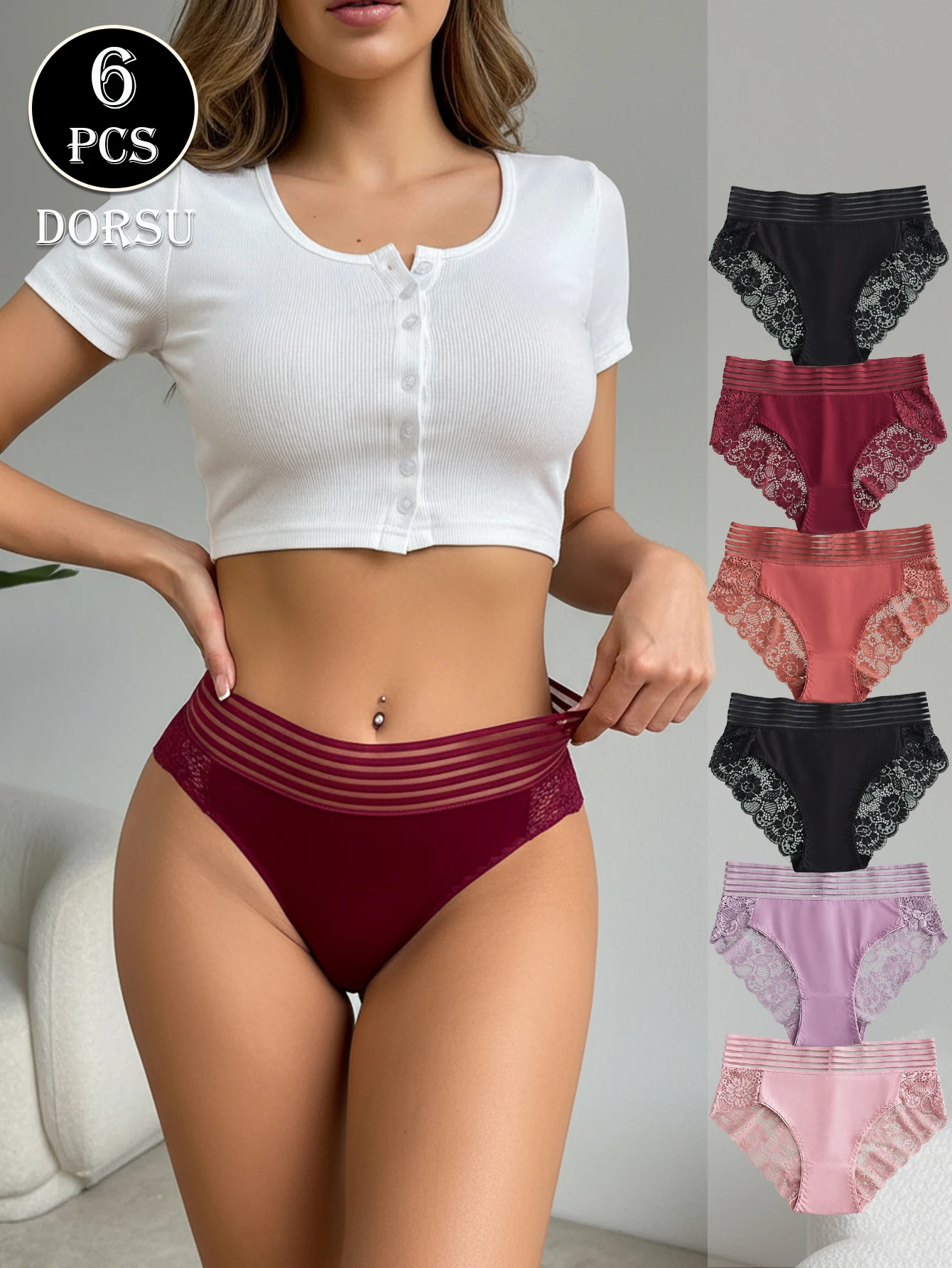 FARDLY 6 Stück sexy Spitzenunterwäsche mit hoher Taille für Damen, exquisite Blumen-Dreieckshöschen, modische, bequeme, weiche Unterwäsche
