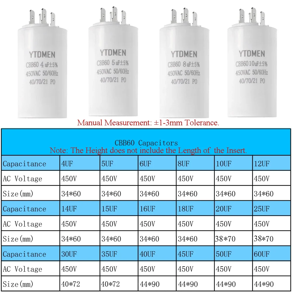 CBB60 450VAC 4~60μF ±5% 4-Pin Double Insert Motor Run Capacitor for Air Conditioner/Refrigerator/Pump，50/60Hz