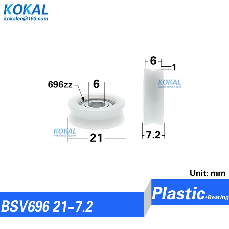[V0621-7] 1PCS 696ZZ Ball Bearing Coated POM Plastic V-Groove Wheel for DIY Window Roller 6x21x7mm - Plastic Wheel with Screw