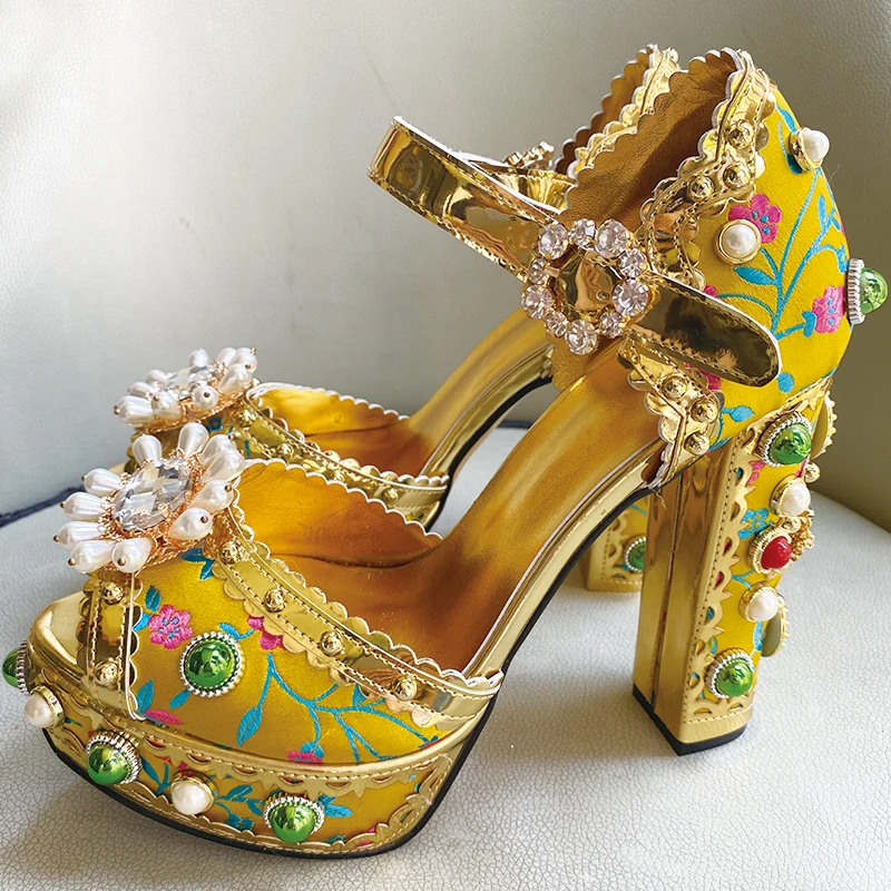 

Multi Jewel Women Chunky Heel Sandals Yellow Blue Metallic Leather Crystal Embellished Banquet Dress Shoes Real Photo