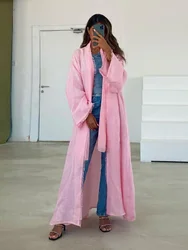 Abaya musulmana Eid para mujer, cárdigan de lino y algodón rosa, Jalabiya, Marruecos, Vestidos de fiesta, Abayas de Dubai, caftán, bata larga árabe