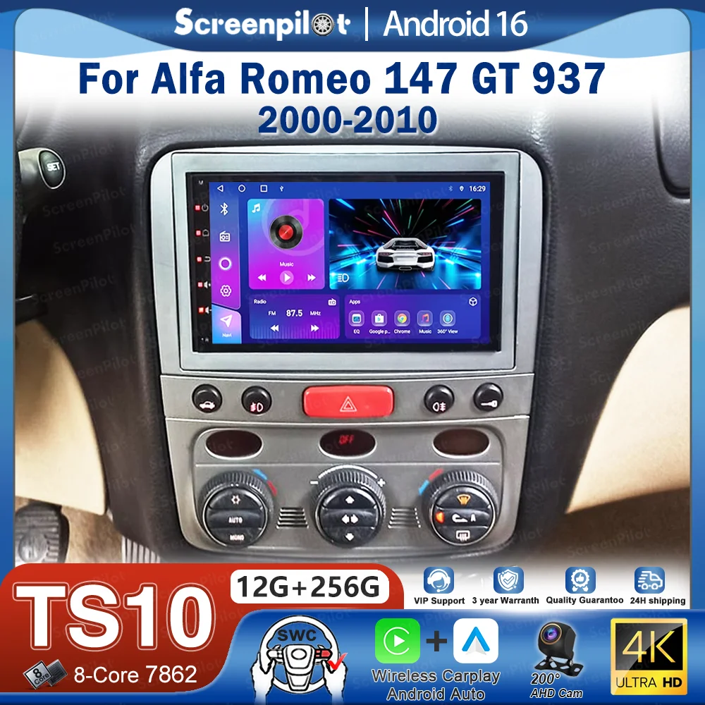Radio Estéreo para Auto con Pantalla de 7 Pulgadas y Sistema Android 16 para Alfa Romeo 147 GT 937 2000-2010, Reproductor Multimedia, GPS, Navegación