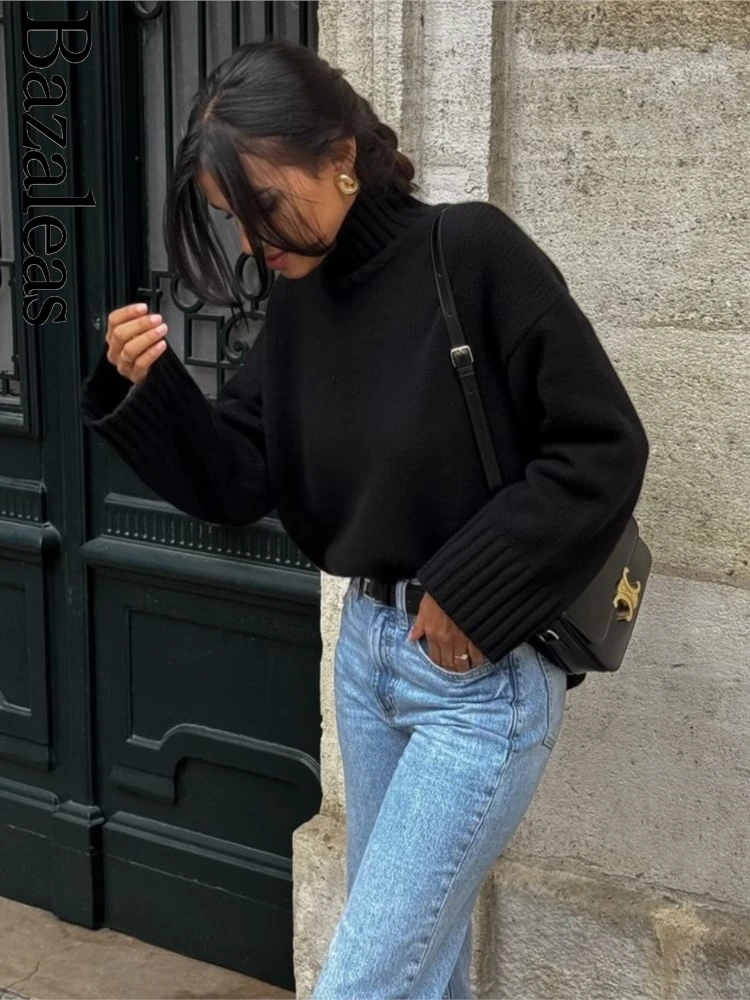 2025 Women Traf Official Store Vintage Long Sleeve Knit Tops Causal Turtleneck Black Sweaters Streetwear Knitted Pullover