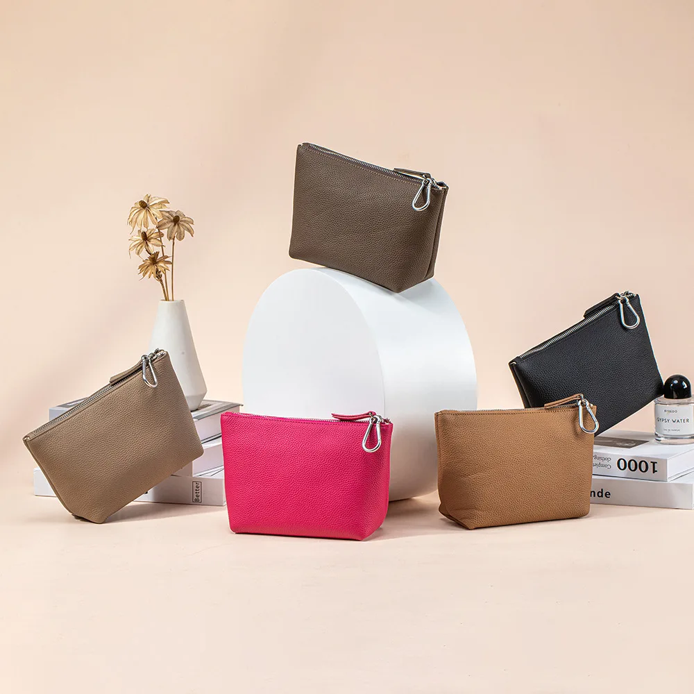 Makeup Bag, Leather Small Cosmetic Bag for Purse with Hanging Buckle, Travel Makeup Pouch for Lipsticks, Coin, Credit Card