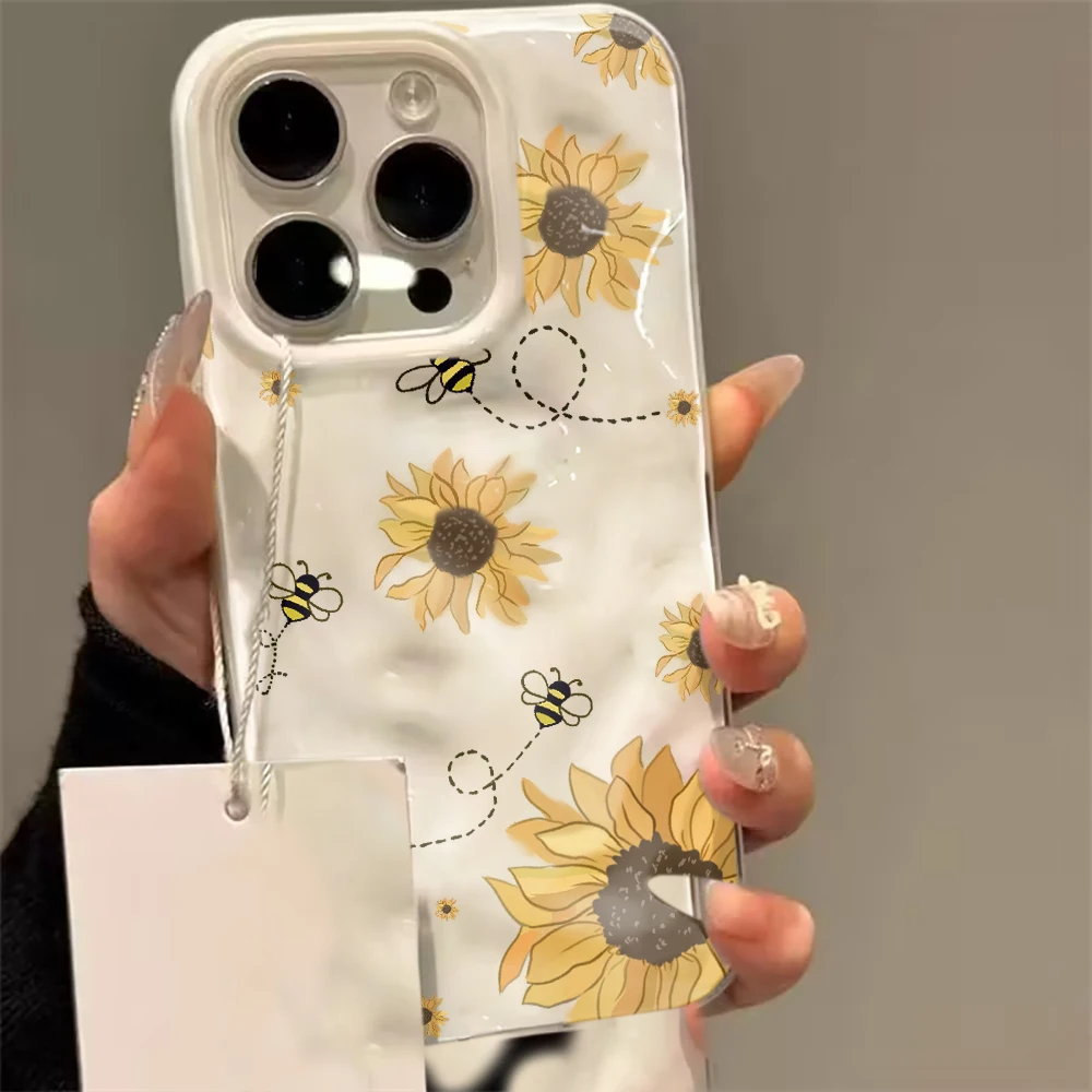 Sunflower Bee Illustration Pattern Phone Case For iPhone 13 12 11 17 16 15 14 Pro Max Plus 17 Air Simple Wrinkled Texture Cover