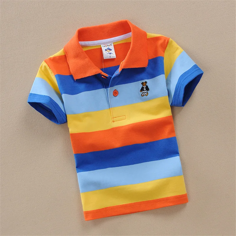 T-shirt For Boys Summer Children Short Sleeve Stripe Tees Cartoon Bear Embroidery Tops Teens Breathable Polo Shirt Kids Clothing