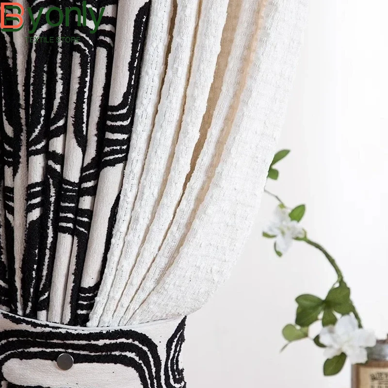 Black and White Flocking Thickened Jacquard Chenille Curtains for Living Room Bedroom French Window Balcony Window Customized