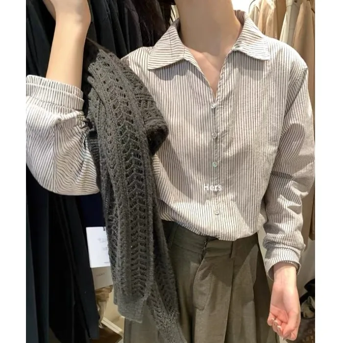 

Женский свободный корейский топ в полоску с v-образным вырезом, простой элегантный топ в стиле ретро, осеннее новое поступление, модный топ