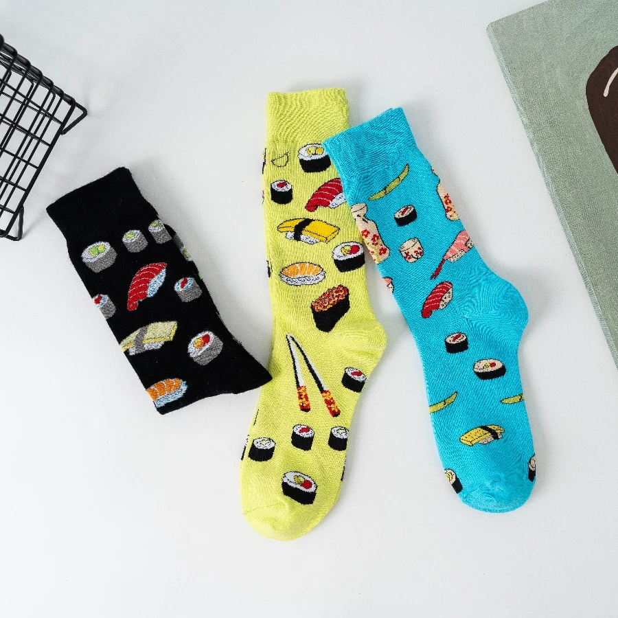 3 Pairs of New Sushi Pattern Men\'s Couple Cotton Socks Fashion Trend Tube Socks