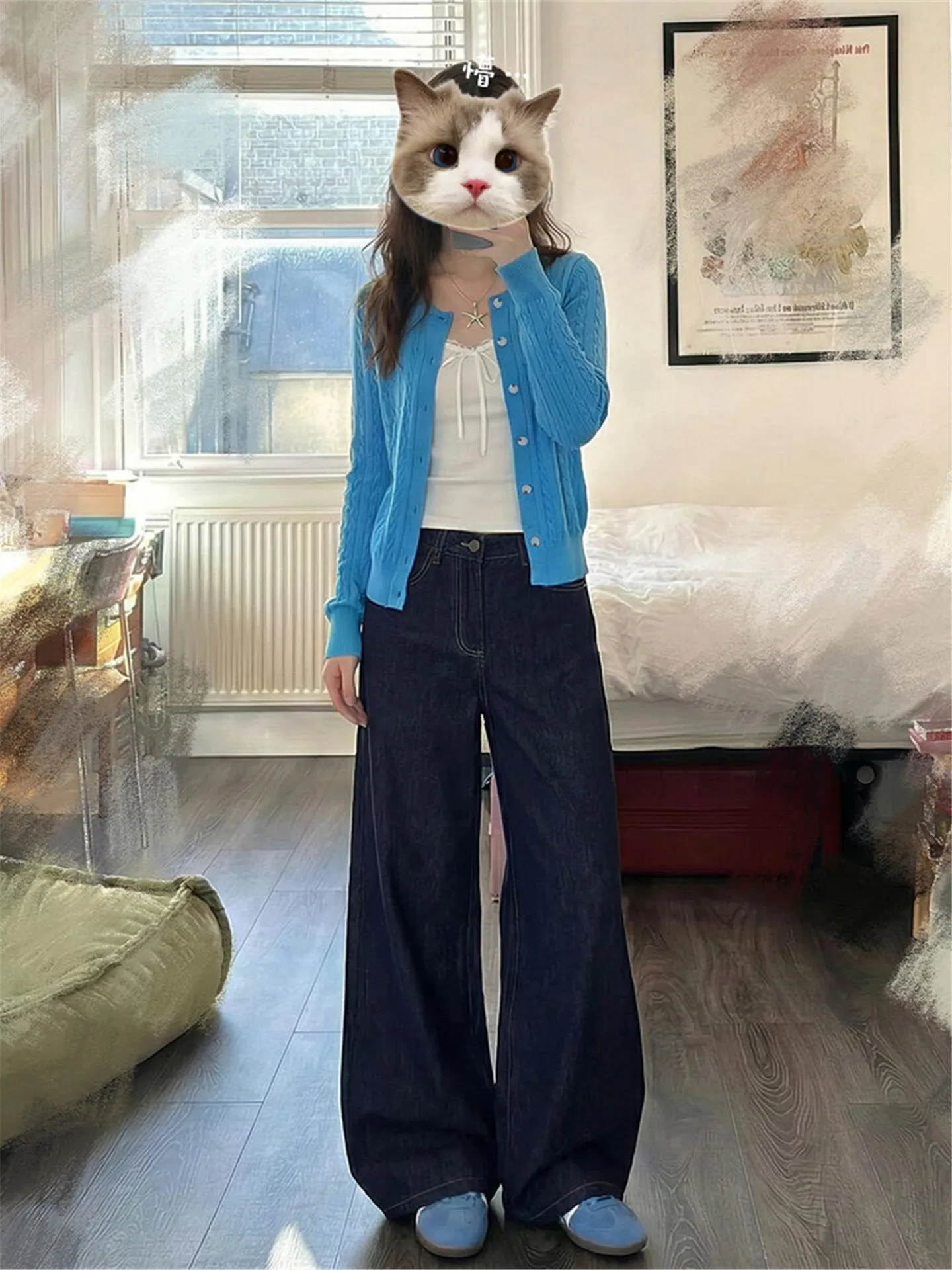 

Американские винтажные широкие джинсы глубокого синего цвета для женщин, весна-лето, свободные, струящиеся, удлиненные, в пол