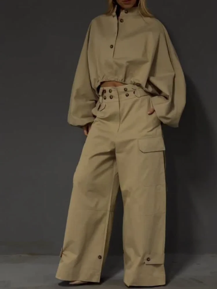 Khaki Stand Collar Lantern Sleeve Cropped Cargo Pant Sets Women's High Waist Button Outfits 2026 Autumn Daily Party Coordinates