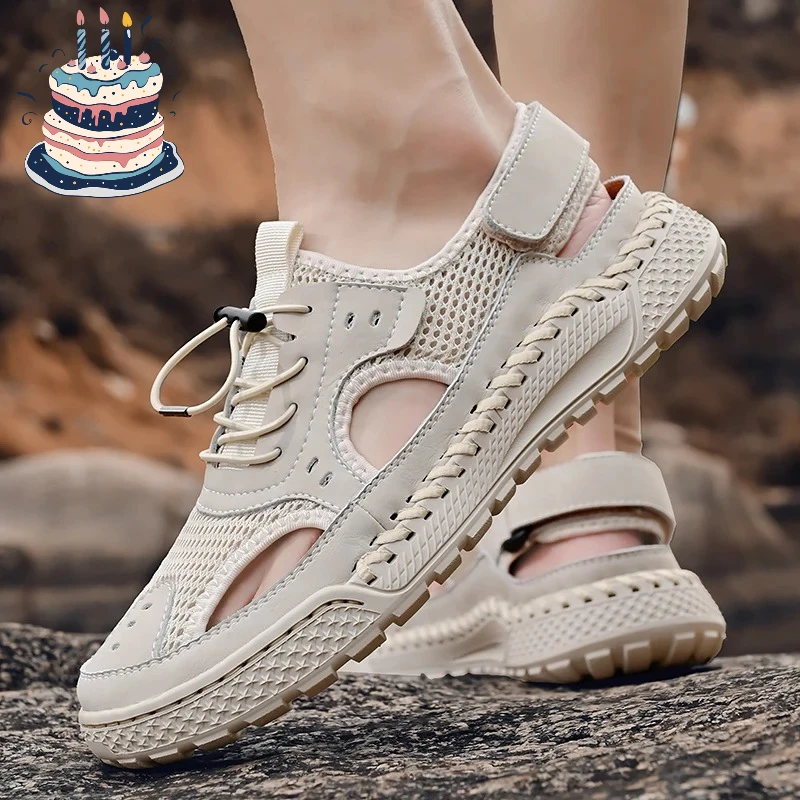 

Sandals men's tide summer new style leather toe cap outdoor leisure sports hollow sandals beach shoes Handmade mesh men shoes
