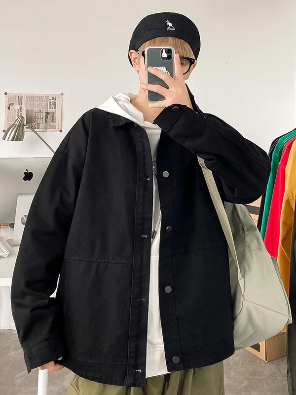 

Bla Simple Men's Denim Work Jaet Loose Casual Sle Spring Autumn Outerwear with kets Youth Faion Classic Collar