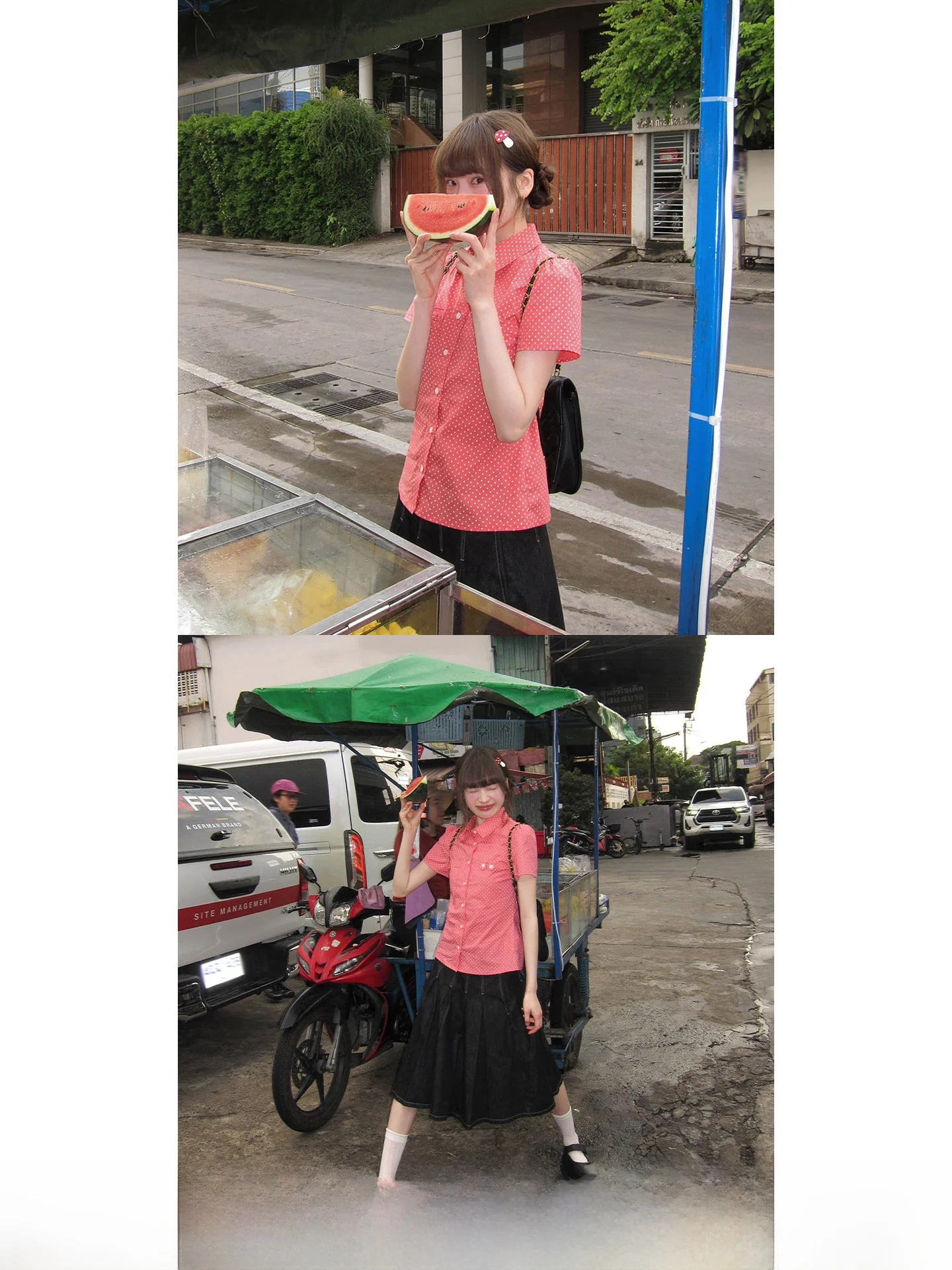 

Sweet Sister Polka Dot Short Sleeve Shirt Waist Cinched Shoulder Hello Casual Style Cotton Blend Summer Shirt for Girls