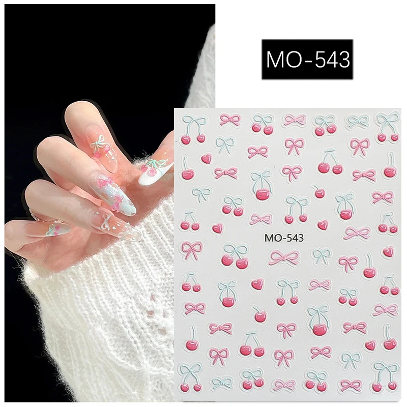 1pc 3D 체리 Bowknot 신선한 젤리 네일 스티커 민트 그린 라인 양각 슬라이더 데칼 여름 자체 접착 매니큐어 장식