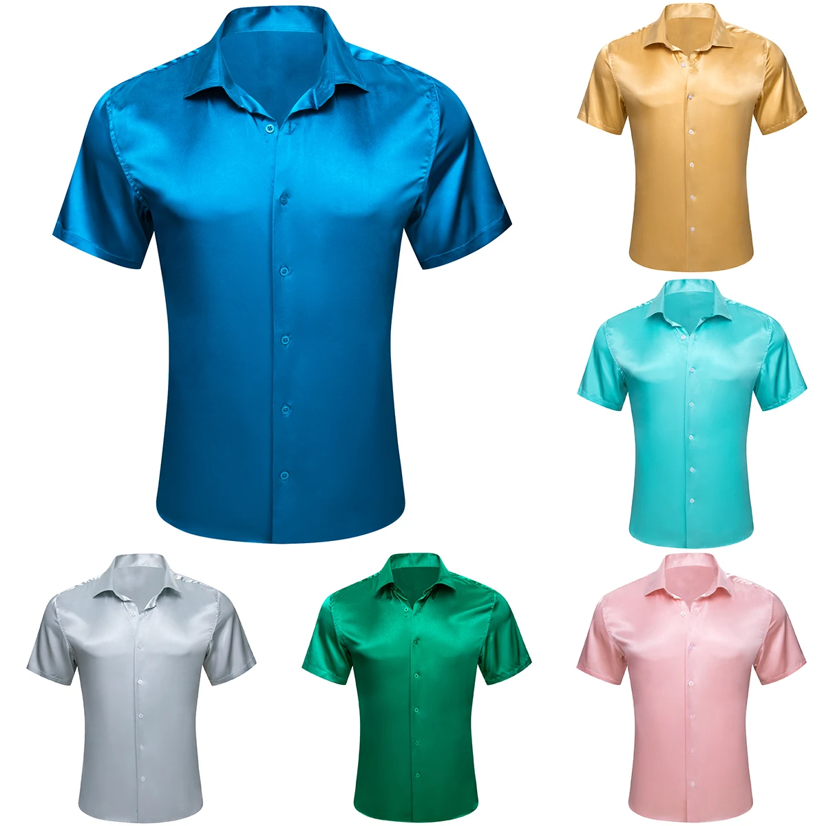 Luxury Men\'s Shirts Short Sleeve Silk Solid Satin Blue Gold Teal Green Gray Pink Slim Fit Casual Summer Tops Clothes Barry Wang