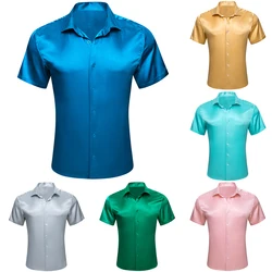 Luxury Men's Shirts Short Sleeve Silk Solid Satin Blue Gold Teal Green Gray Pink Slim Fit Casual Summer Tops Clothes Barry Wang