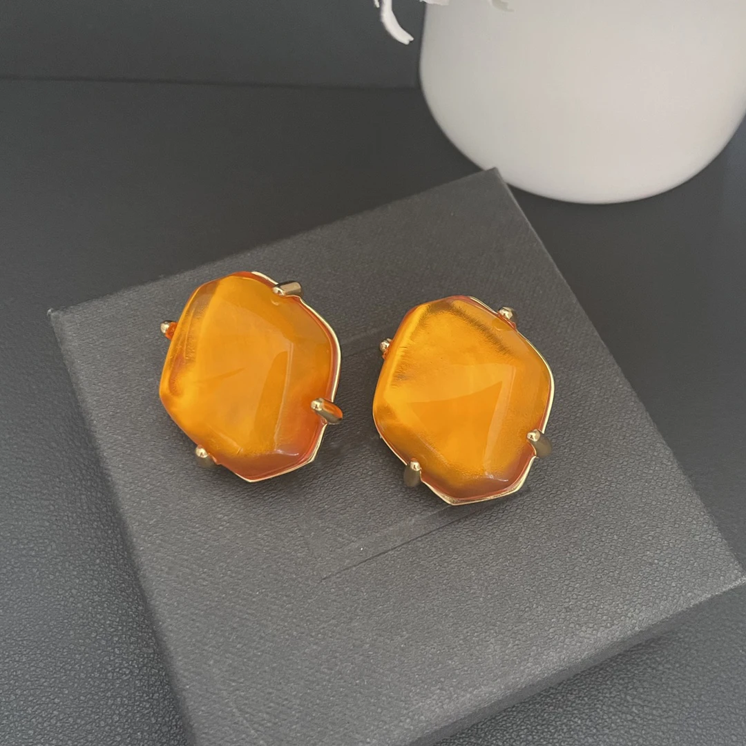 Vintage Glass Orange Gemstone Luxury Jewelry Geometric Ear Clip Famous Designer Brand Top Quality Earrings Woman