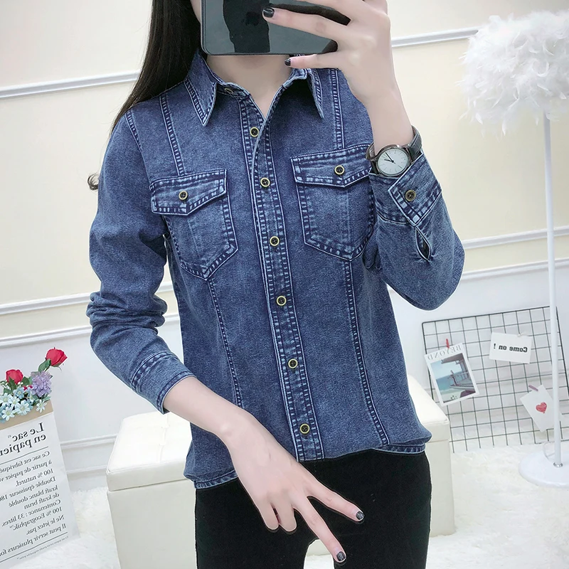 New 2024 Autumn Winter Denim Shirt Women Super High Quality Single Buttons Pockets Long Sleeve Top Femme Korean Shirts Blouses