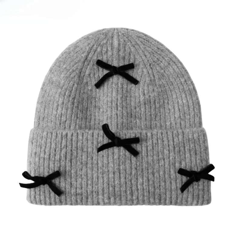 

Velvet Bowknot Decorated Knitted Hat Scarf Set New Arrival Women's Faionable Winter Accories Sweet Cute Sle round Top