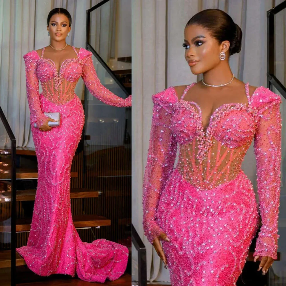 

African Nigeria Plus Size Pink Prom Dresses Long Sleeves Sequin Lace Rhinestones Mermaid Illusion Prom Dress Customized