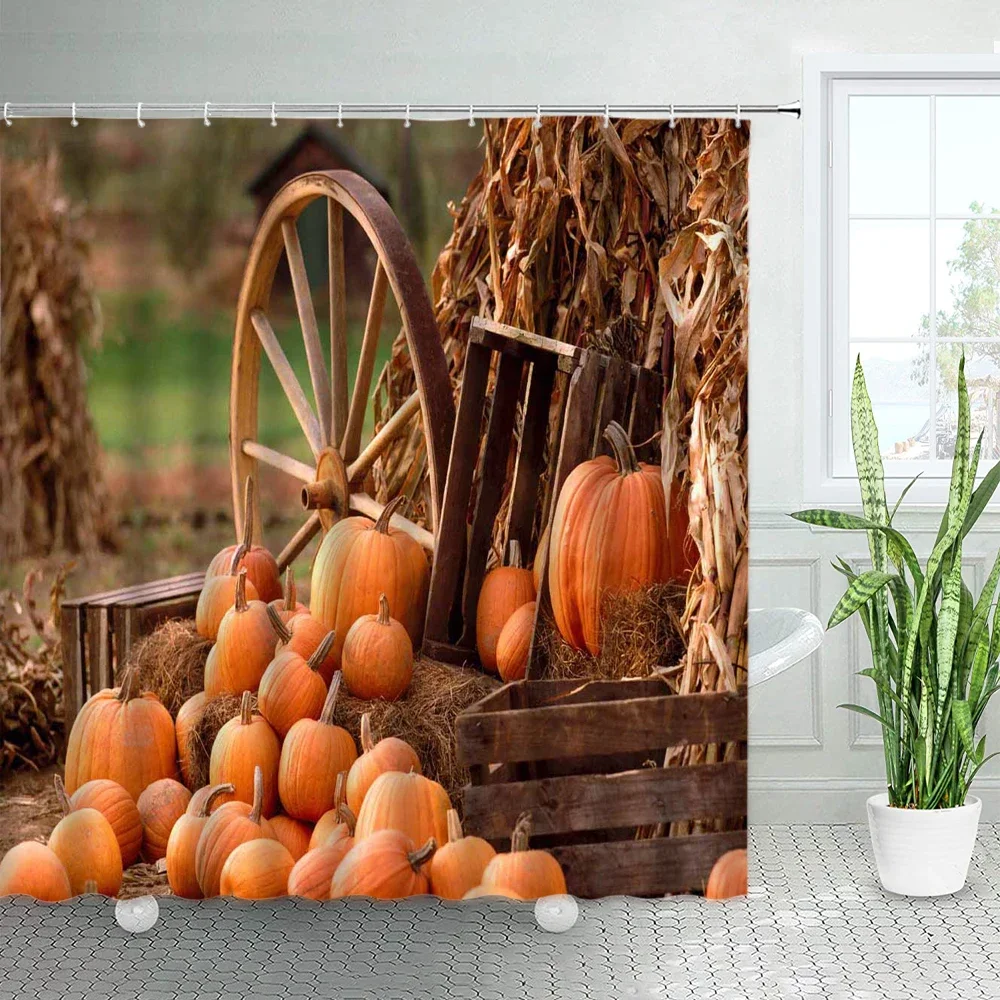 Retro Farm Pumpkin Shower Curtains Set Wooden Wheel Farmhouse Autumn Harvest Festival Garden Wall Hanging Bathroom Cloth Curtain