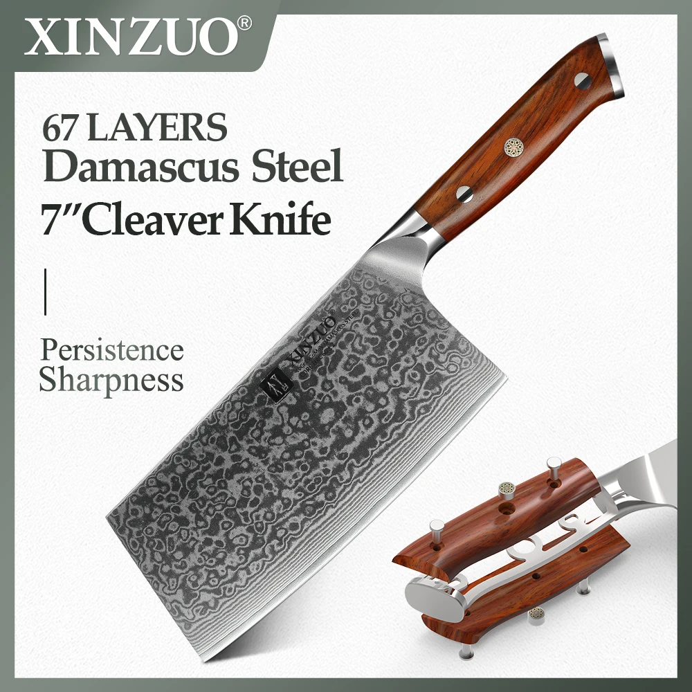 XINZUO 6.5'' Slicing Knife Damascus Kitchen Knives Chinese Style High Quality Carbon Steel Butcher Cleaver Knife Rosewood Handle