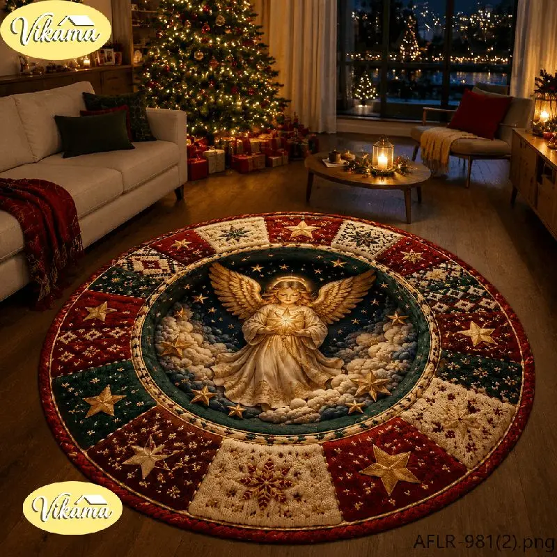 VIKAMA Christmas Round Rug Angel Snowman Gifts Pine Star Lantern Area Rug Living Room Holiday Home Decor Aesthetic Art Large