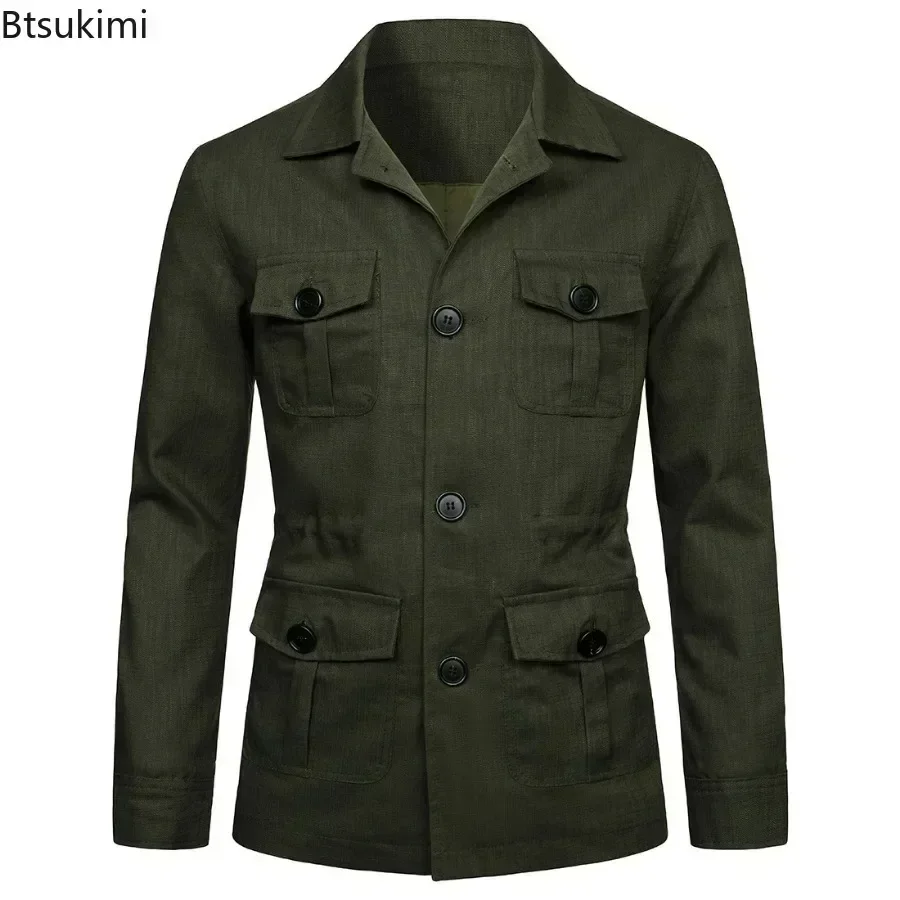 2024 British Style Men\'s Linen Safari Jackets Fashion Vintage Multi Pockets Cargo Jacket Streetwear Gentry Casual Outerwear Male