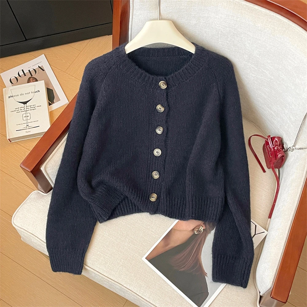 

Women Navy Blue O-Neck Cardigan Sweater 2000s Vintage Korean Style Jumper Knit Long Sleeves Cashmere Sweater Autumn Winter 2025