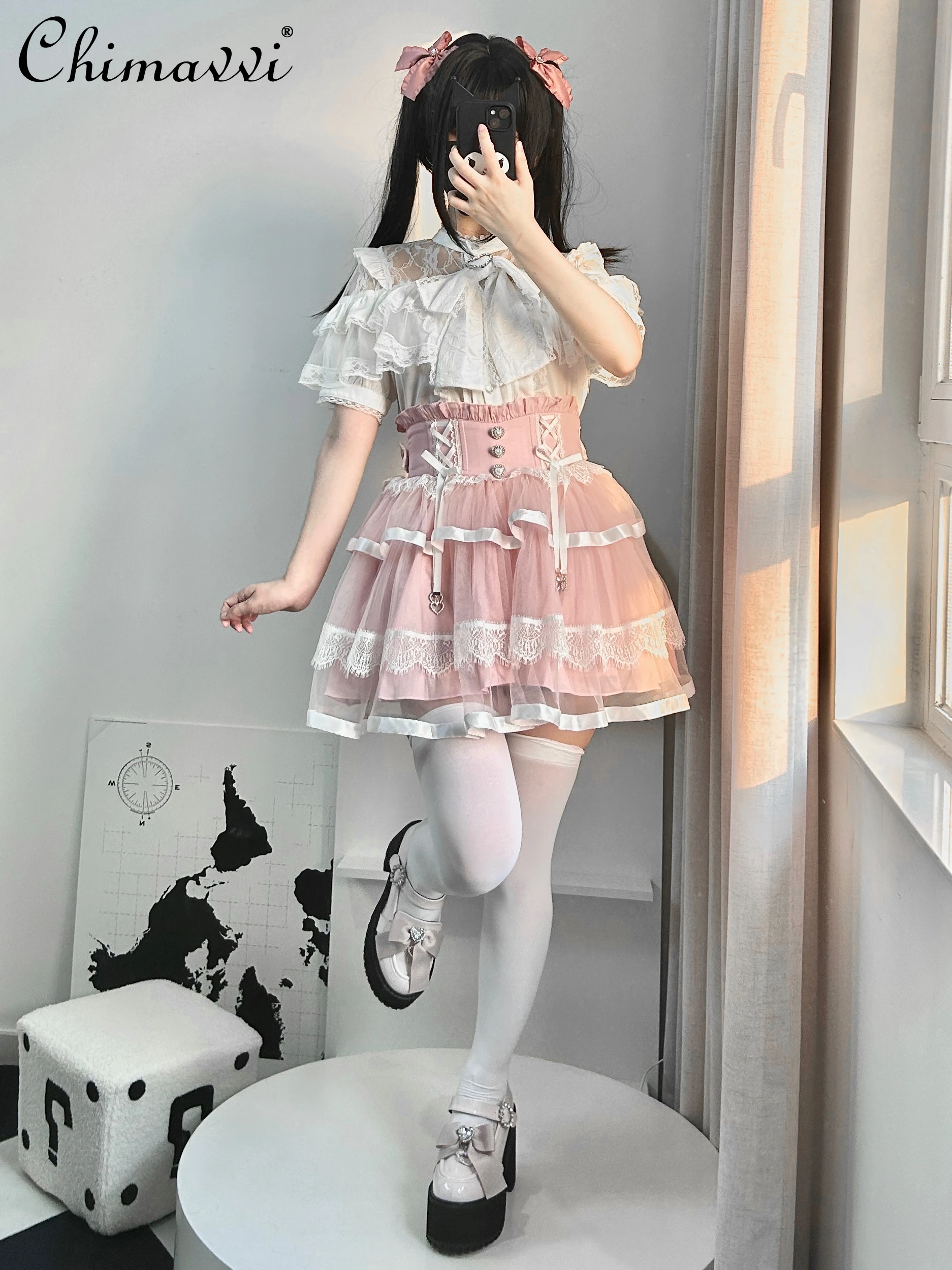 Original Japanese Mine Mass-Produced Girl Short Skirt Summer Clothes New Sweet Bow Lace Mesh Lolita Short Fishbone Skirts