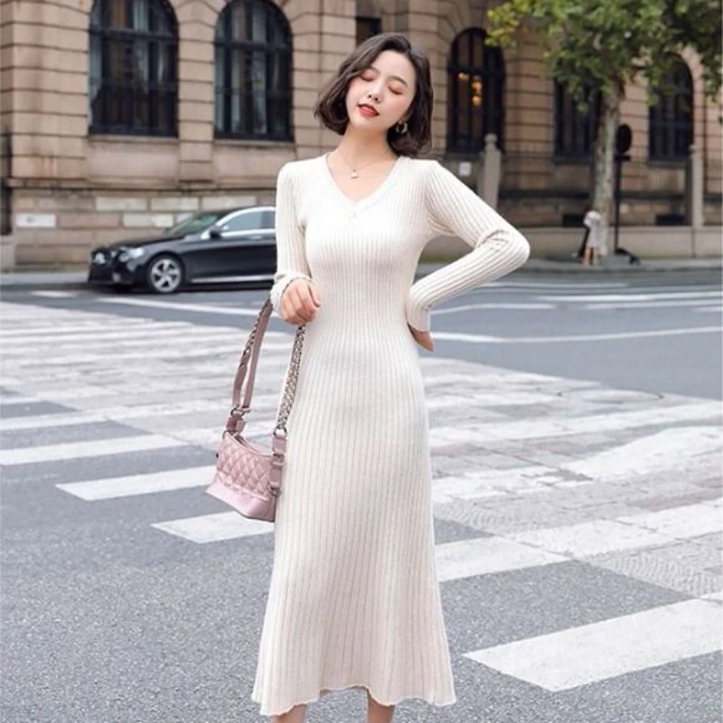 

Women Retro Knitted Bodycon Dresses Female Solid Color V-Neck Long Sleeve Wrapped Hip Dress Ladies Slim Sweater Vestidos G780