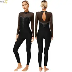 Women Rhinestone Gymnastic Leotard Jumpsuit Ballet Tights Dance Wear Costume Sport Workout Bodysuit Long Sleeve Skating Unitards