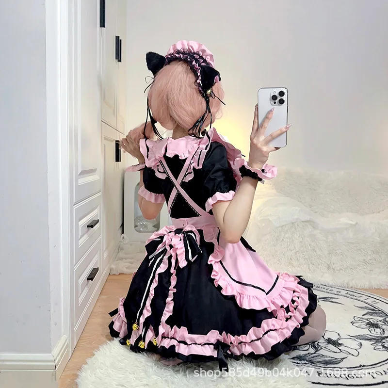 Robe Gothique Lolita JSK à Manches Courtes pour Fille, Tenue de Soirée Kawaii, avec Nministériels d, Cosplay Chats, Harajuku, Mignonne, Rose, à Volants, Noire