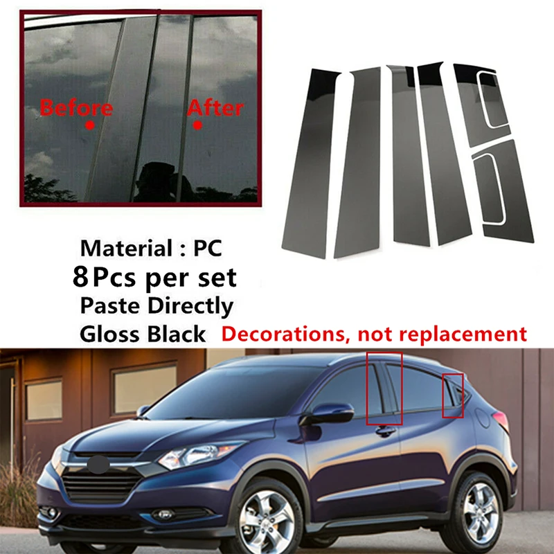 8PCS Car Pillar Post Trim Sticker Auto Door Window Center Middle Column Cover Fit For Honda HRV 2016-2022 Exterior Decoration