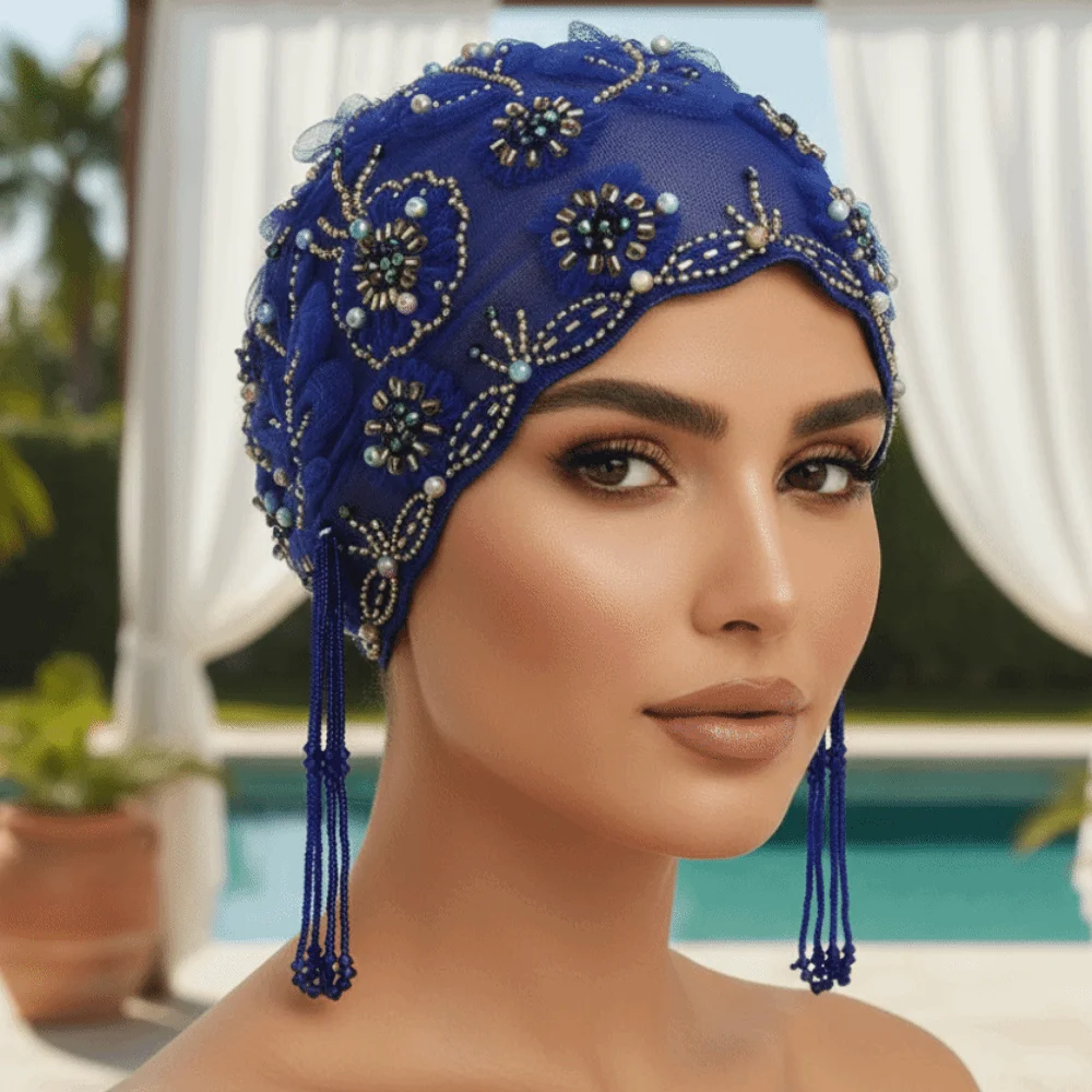 

Shiny Beads Turban Hat Flower Embroidery Long Tassel Fishtail Cap Elastic Band Lightweight Indian Headscarf Fashion Ladies