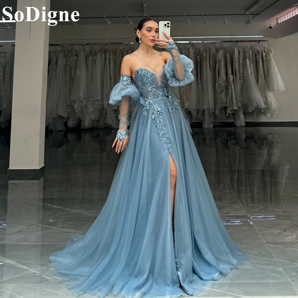 

SoDigne Dusty Blue Tulle Evening Dresses Sweetheart Puff Sleeves Lace Appliques Pleated Party Dress A-Line Prom Gowns Customized