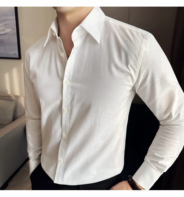 High-quality Men\'s Solid Color Shirt, 55% Cotton and 45% Linen, Breathable and Sweat-wicking Long-sleeve Shirt.M-4XL