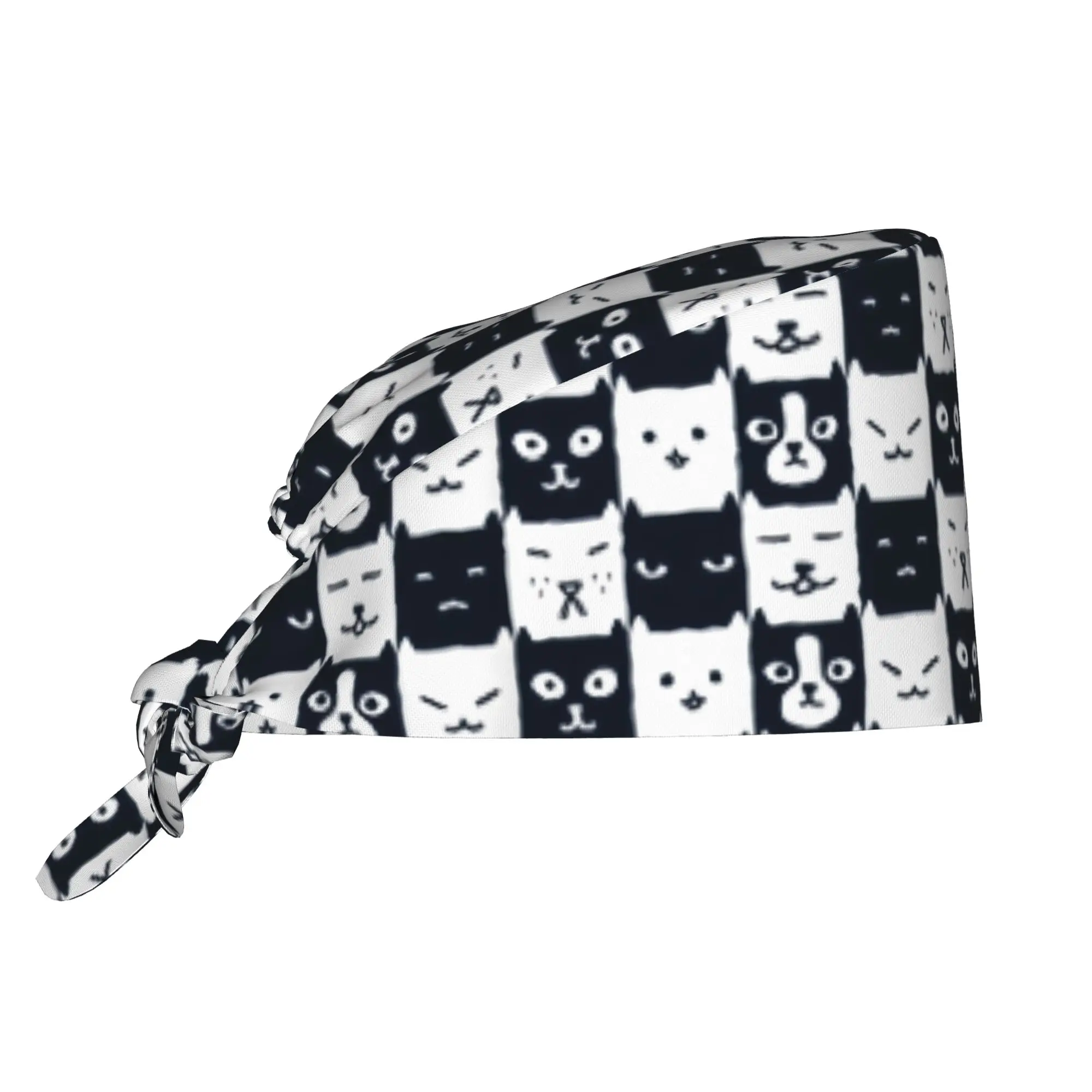 Black And White Checkerboard Cat Or Dogs Chess Cleaning Working Cap Cool Scrub Cap Surgicals Hat Nurse Scrubs Hat For Dentist