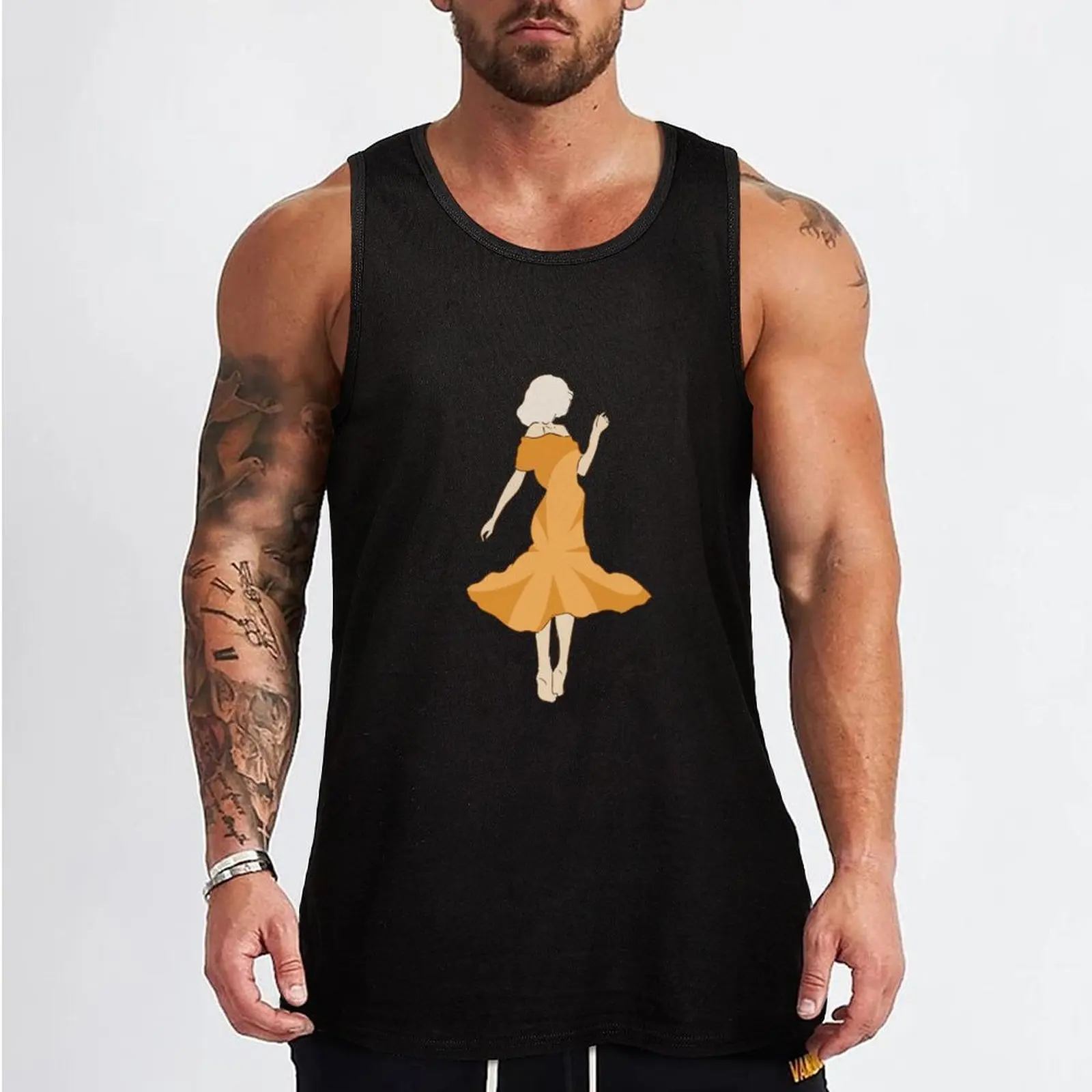 Dancing Girl in a Yellow Flower Dress Tank Top Running Tank Top Sleeveless Moisture Wicking