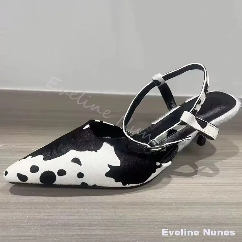 New Horsehair Kitten High Heels Women Pointed Toe Cow Pattern Ankle Straps Party Wedding Shoes Summer Sexy Ladies Party Shoe