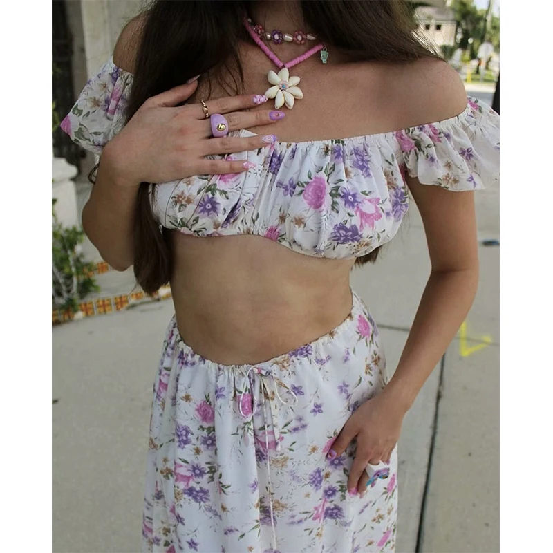 YENKYE 2024 Frauen Süße Blumen Druck Boho Langen Rock Vintage Kordelzug Taille A-linie Urlaub Sommer Röcke