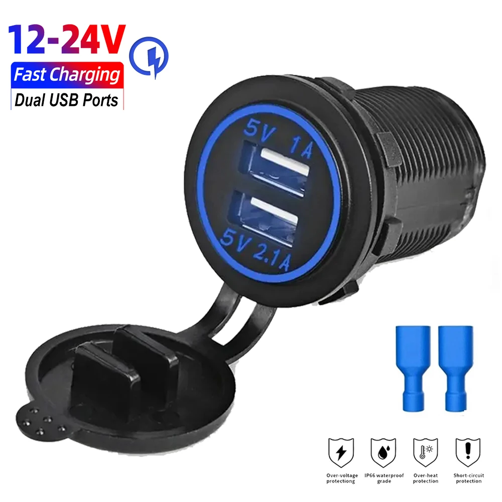 

Dual USB Car Charger Power Socket 5V 3.1A Output Waterproof Car Charger Adapter for 12V/24V Motorcycle RV Car