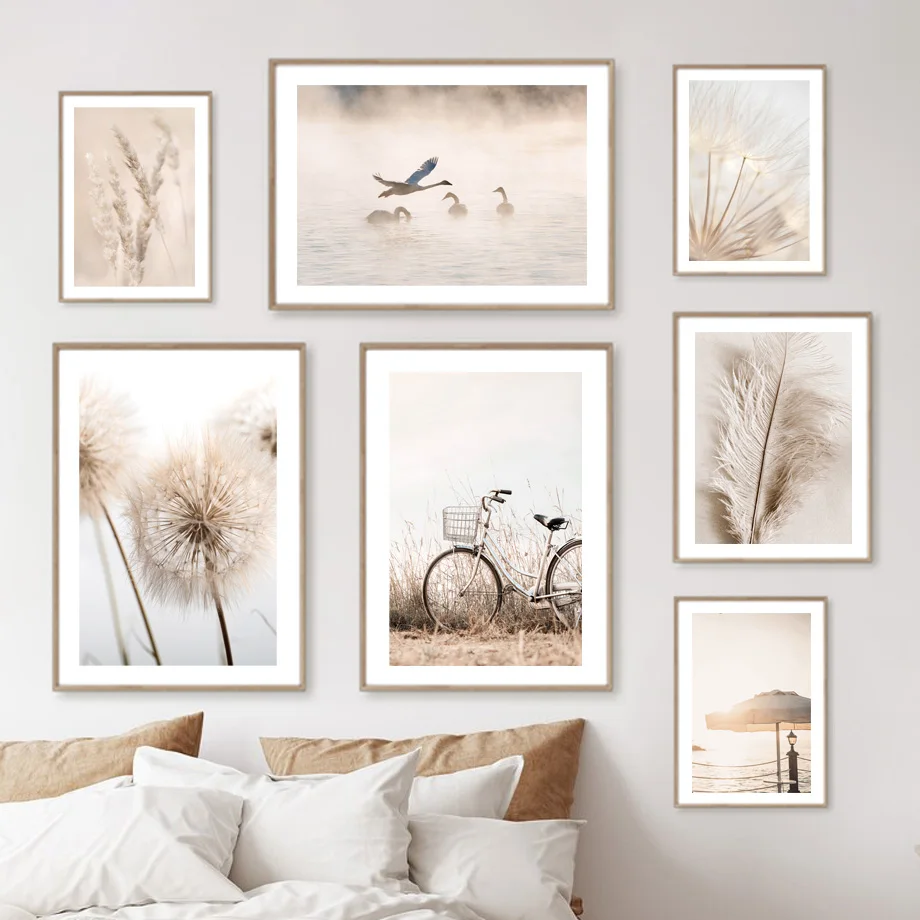 Calm Lake Swan Dandelion Feather Grass Bicycle Wall Art Canvas Painting Nordic Posters And Print Wall Pictures Living Room Decor