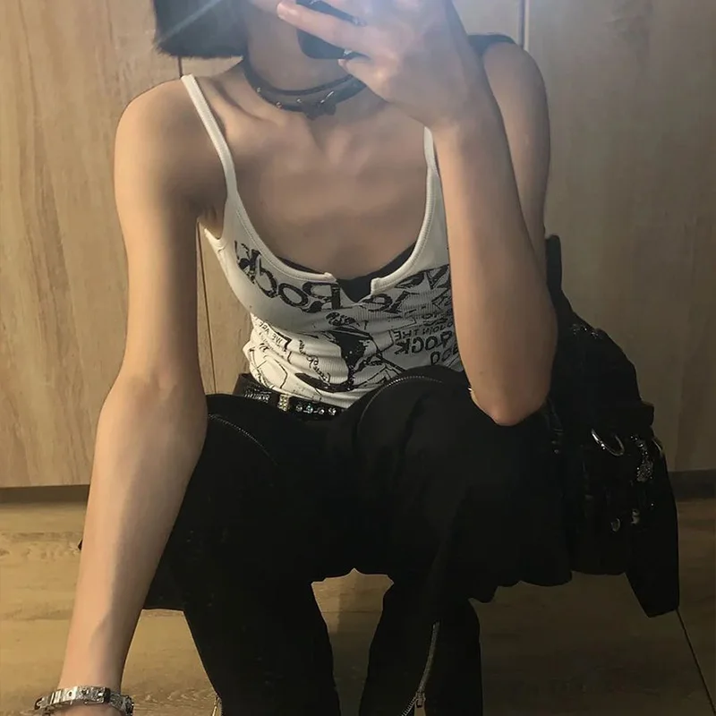 Y2K E-Girl Punk Print Sleeveless Ribbed Knit Tank Top For Women 2000s Crop Top Summer Fairy Grunge 90s Hippie Tee Korea Fashion